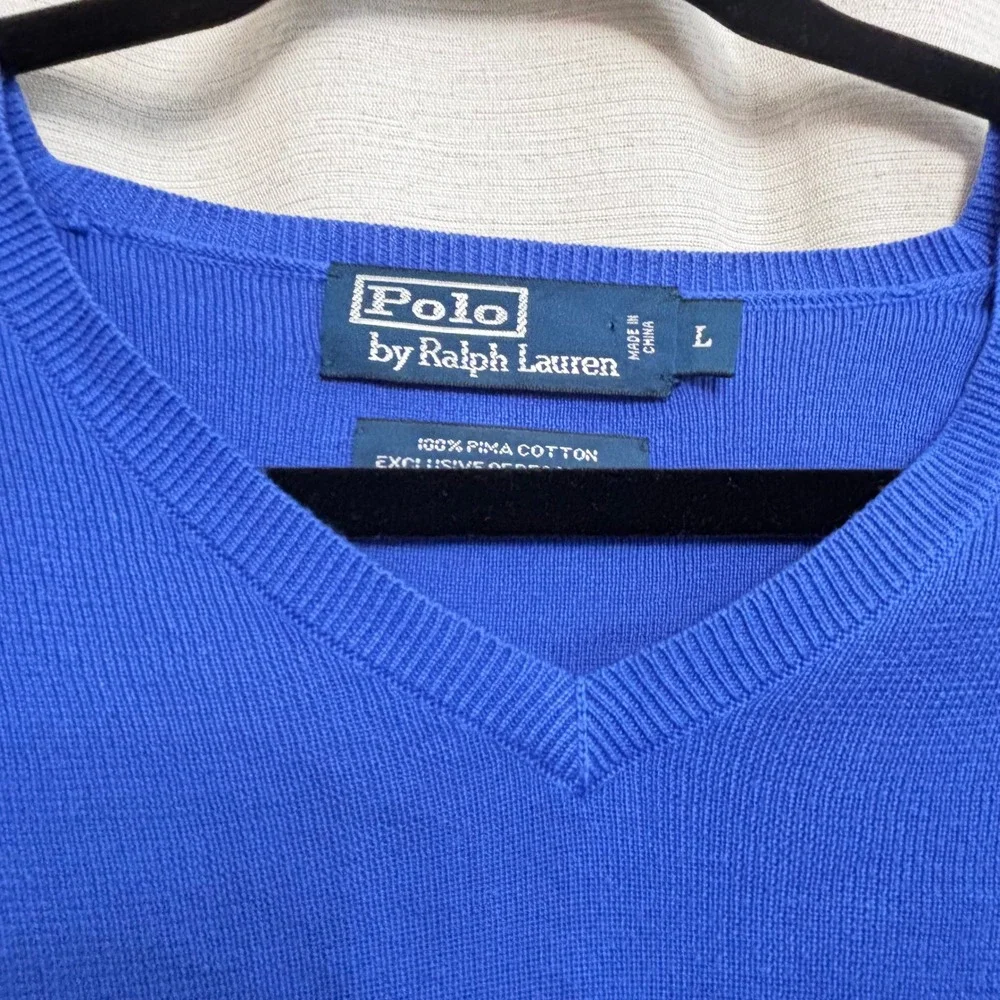 Polo Ralph Lauren Mens Blue Pima Cotton V-Neck Sweater